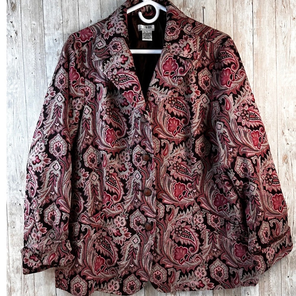 Stonebridge Signature Blazer Jacket Womens sz 1X Pink Tan Brown Floral Paisley